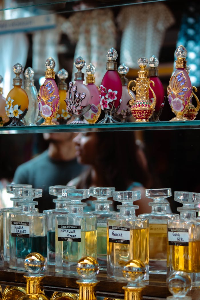 Vibrant and artistic perfume bottles in a Kochi store, blending tradition and modern elegance.